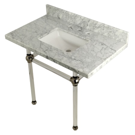 Kingston Brass 36" x 22" Carrara Marble Vanity Top with Clear Acrylic Console Legs, Carrara Marble/Polished Nickel KVPB3630MASQ6